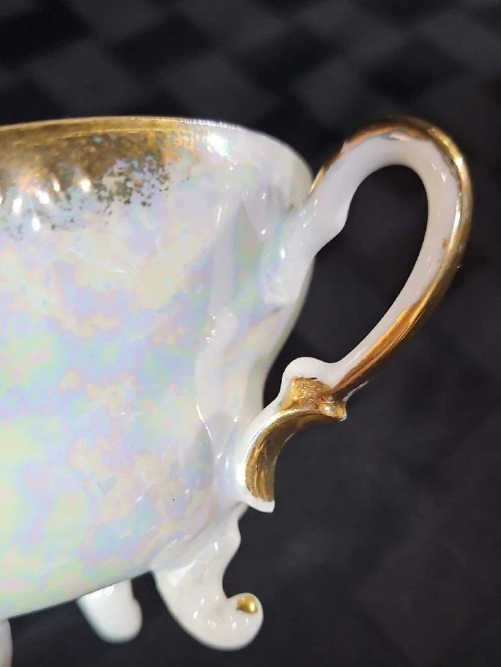 Porcelain Black Colorful Water Lily and Orchid Lustreware Teacup and Saucer